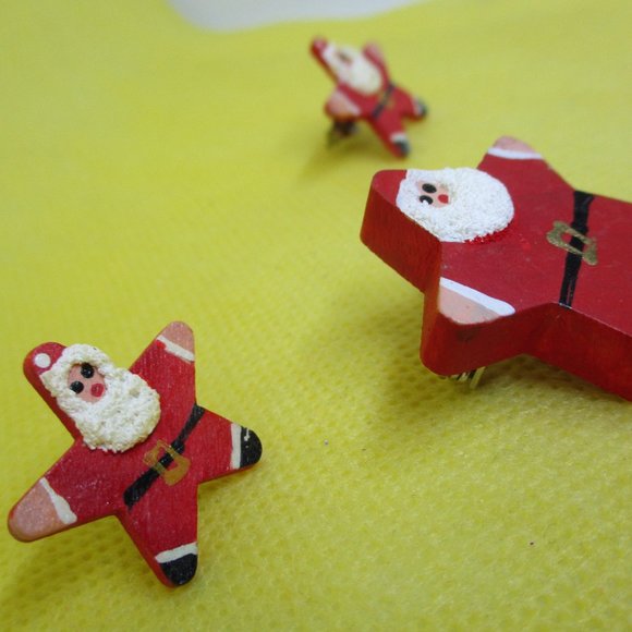 Handcrafted Wood Santa Clause Earrings & Santa Clause Brooch Set Handmade Painte - Picture 5 of 8
